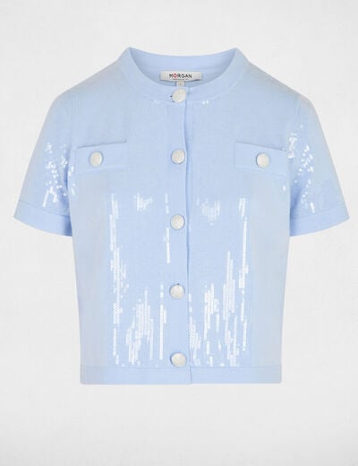 Gilet col rond sequins bleu ciel femme