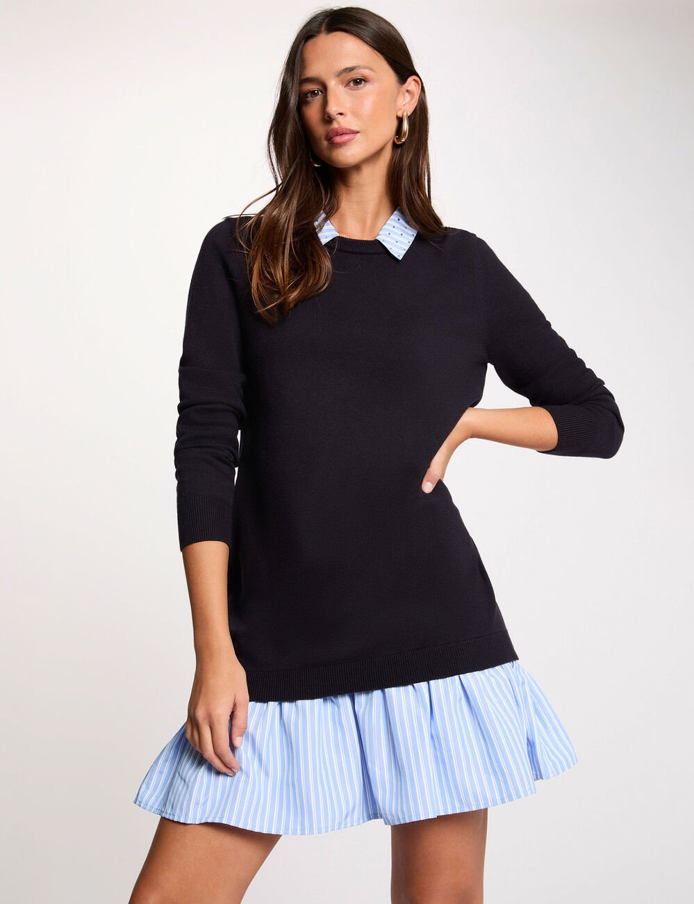 Robe courte col &agrave; revers bleu marine femme