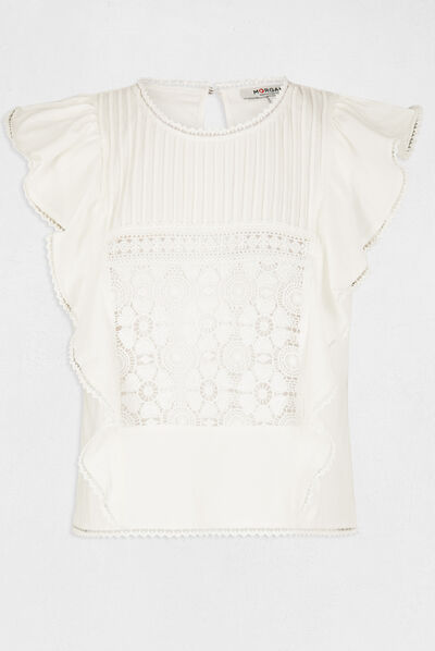 T-shirt manches courtes à volants ecru femme
