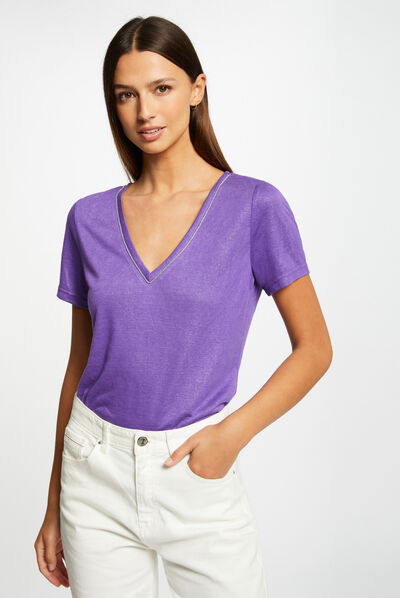 T-shirt met V-hals en korte mouwen paars vrouw