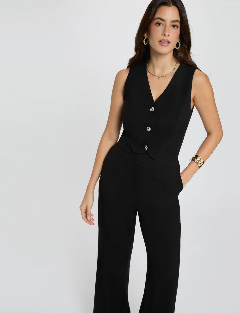 Combinaison longue col en V noir femme