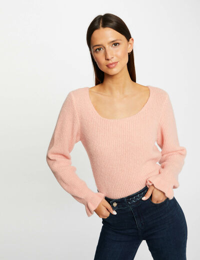 Pull manches longues col rond corail femme