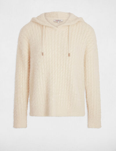 Pull à capuche sequins ivoire femme