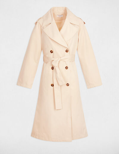 Lange trench met reverskraag zand vrouw