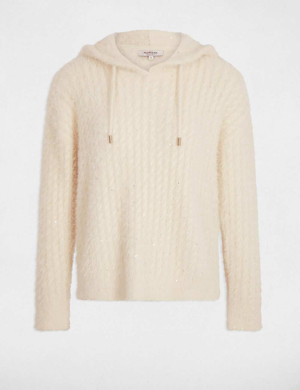 trui met pailletten en capuchon ivoor vrouw Trui met pailletten en capuchon ivoor vrouw