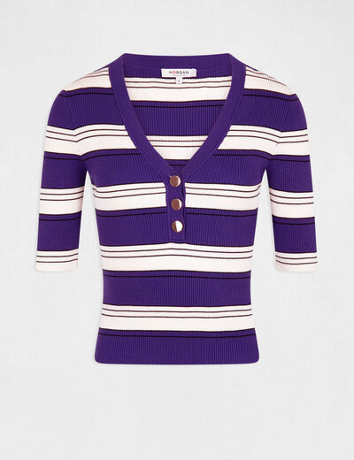 Pull manches courtes à rayures violet femme