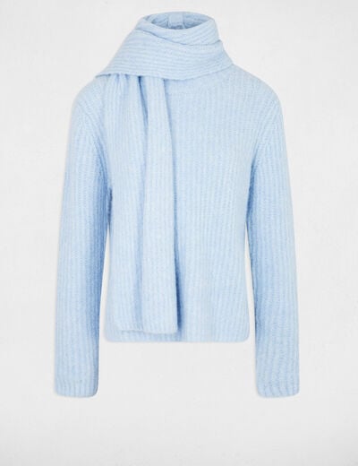 Pull col écharpe bleu ciel femme