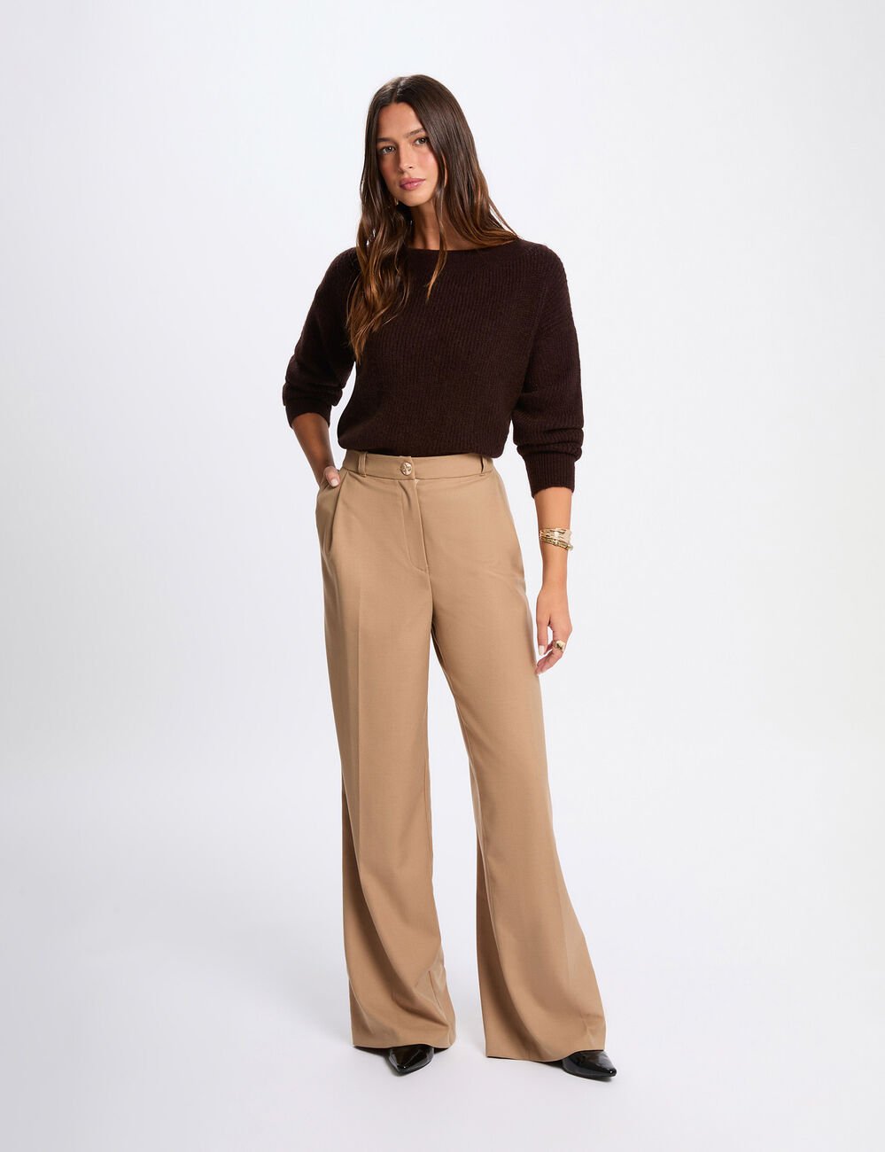 Pull col rond marron foncé femme