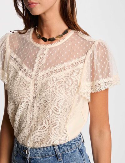 T-shirt met korte mouwen ecru vrouw