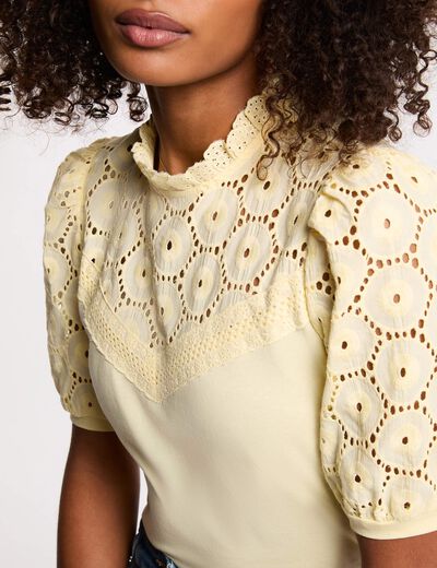 Geborduurd T-shirt met korte mouwen pastel geel vrouw