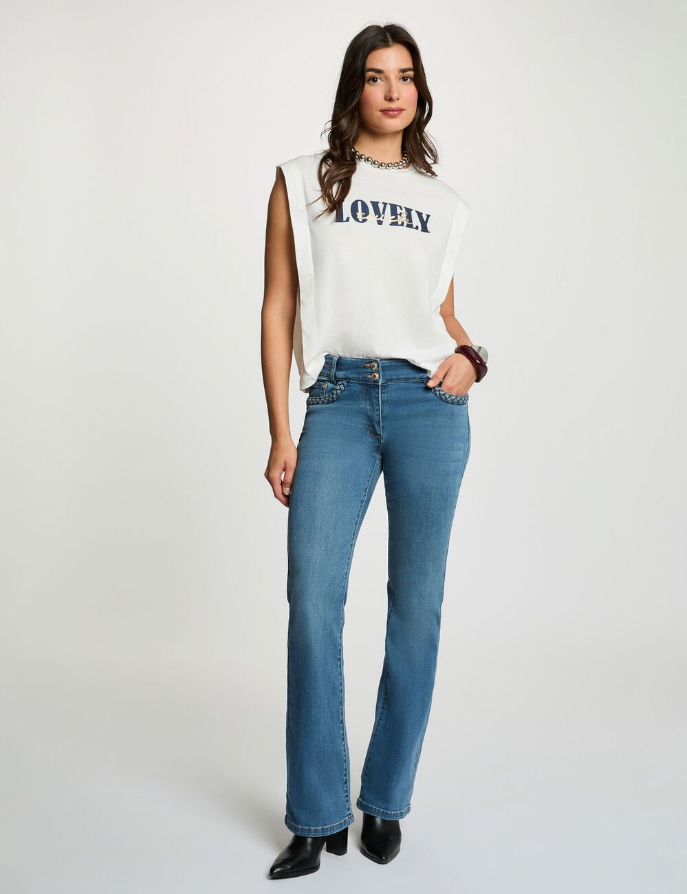 Recht T-shirt met ronde hals helder wit vrouw