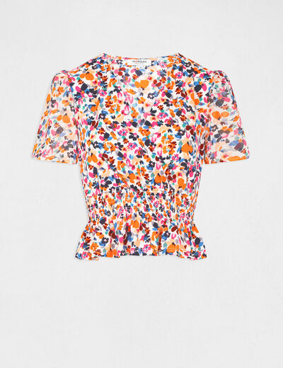 T-shirt korte mouwen en bloemenmotief ecru vrouw