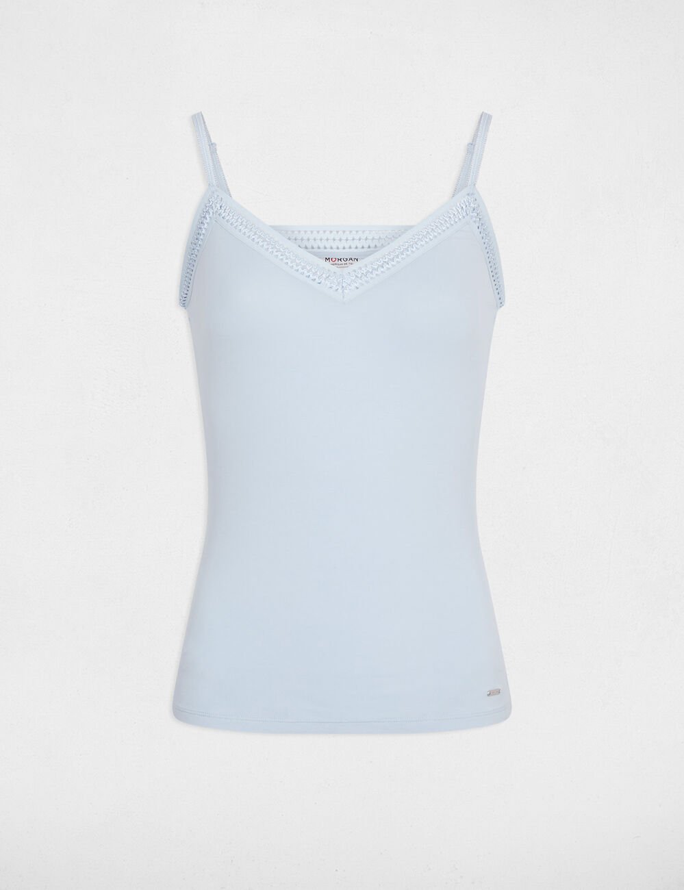 Débardeur bretelles fines bande dentelle bleu ciel femme