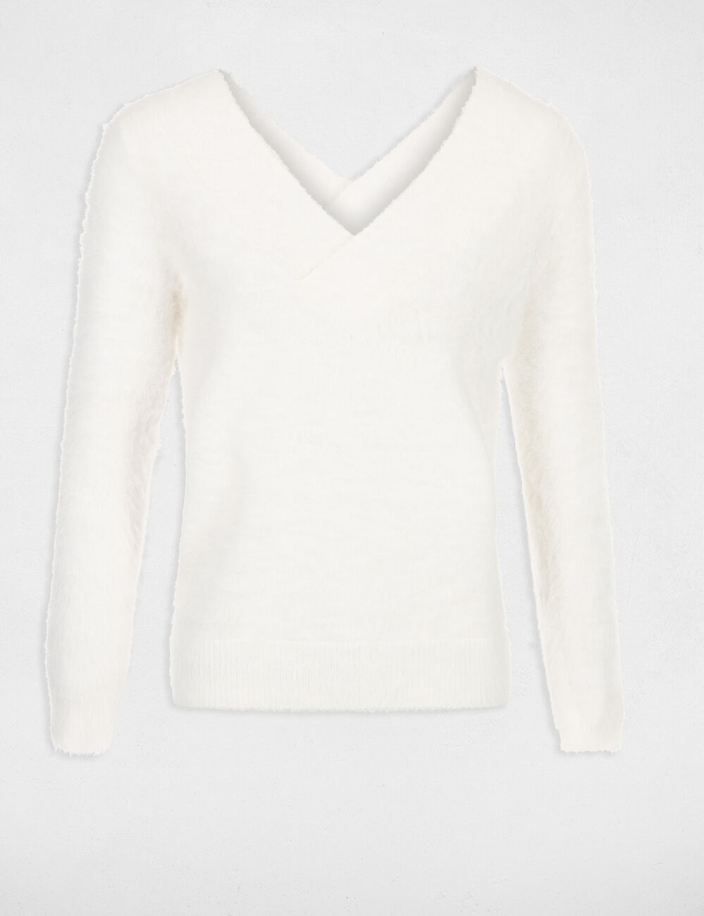 Pull duveteux col V devant et dos ivoire femme