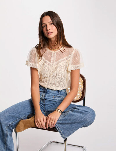 T-shirt met korte mouwen ecru vrouw