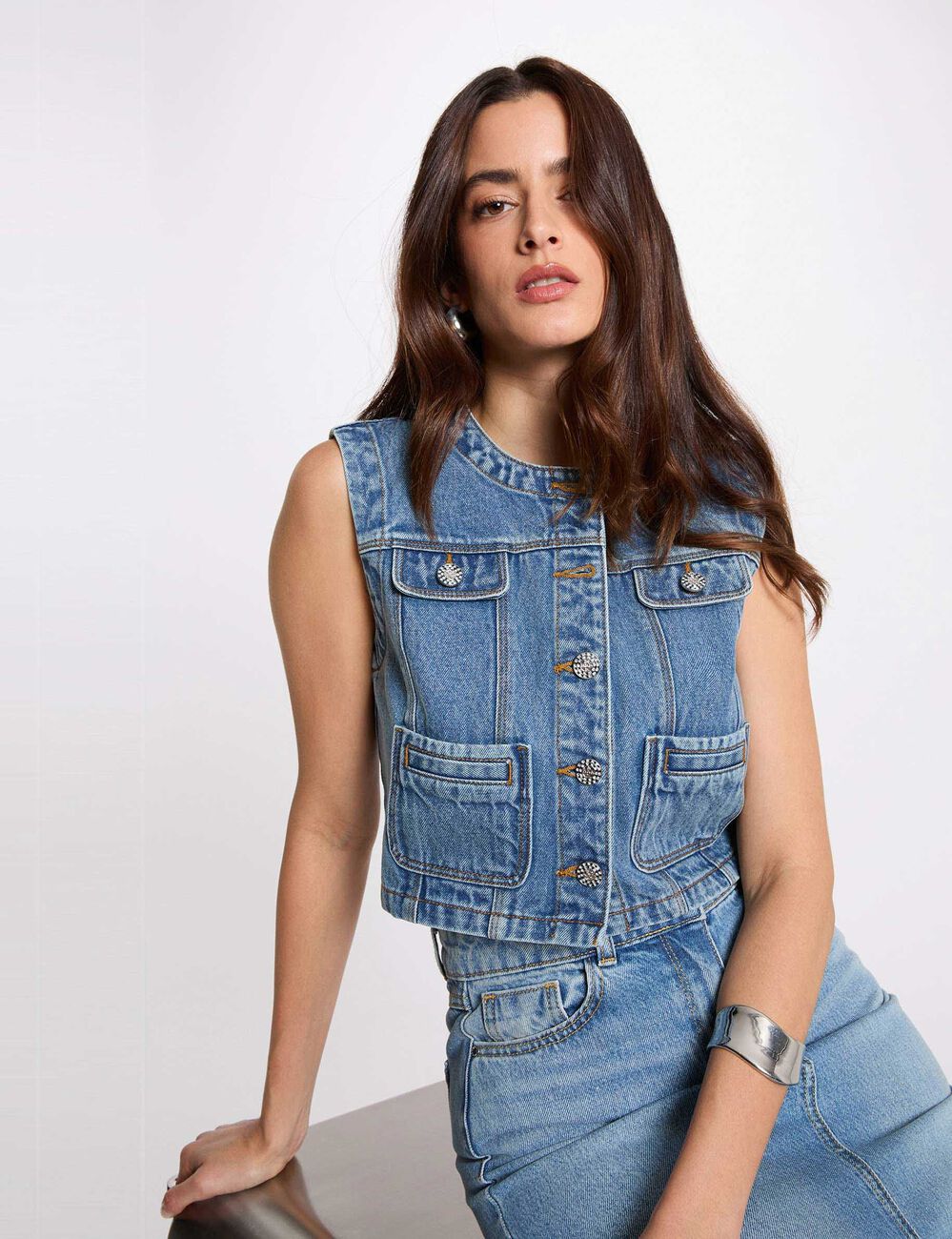Veste jean sans manches denim stone femme