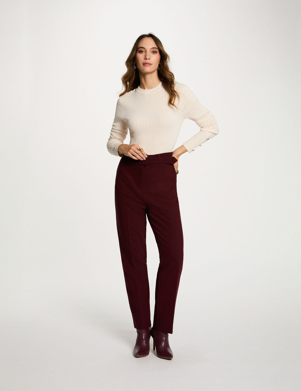 Pantalon droit taille haute prune femme