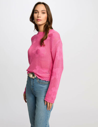 Pull col rond ajouré rose femme