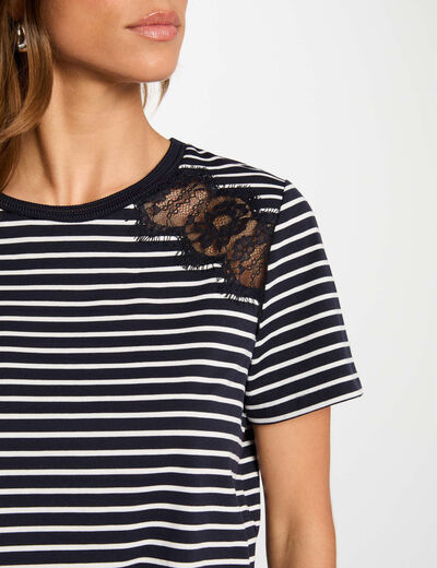 Gestreept T-shirt met korte mouwen marineblauw vrouw