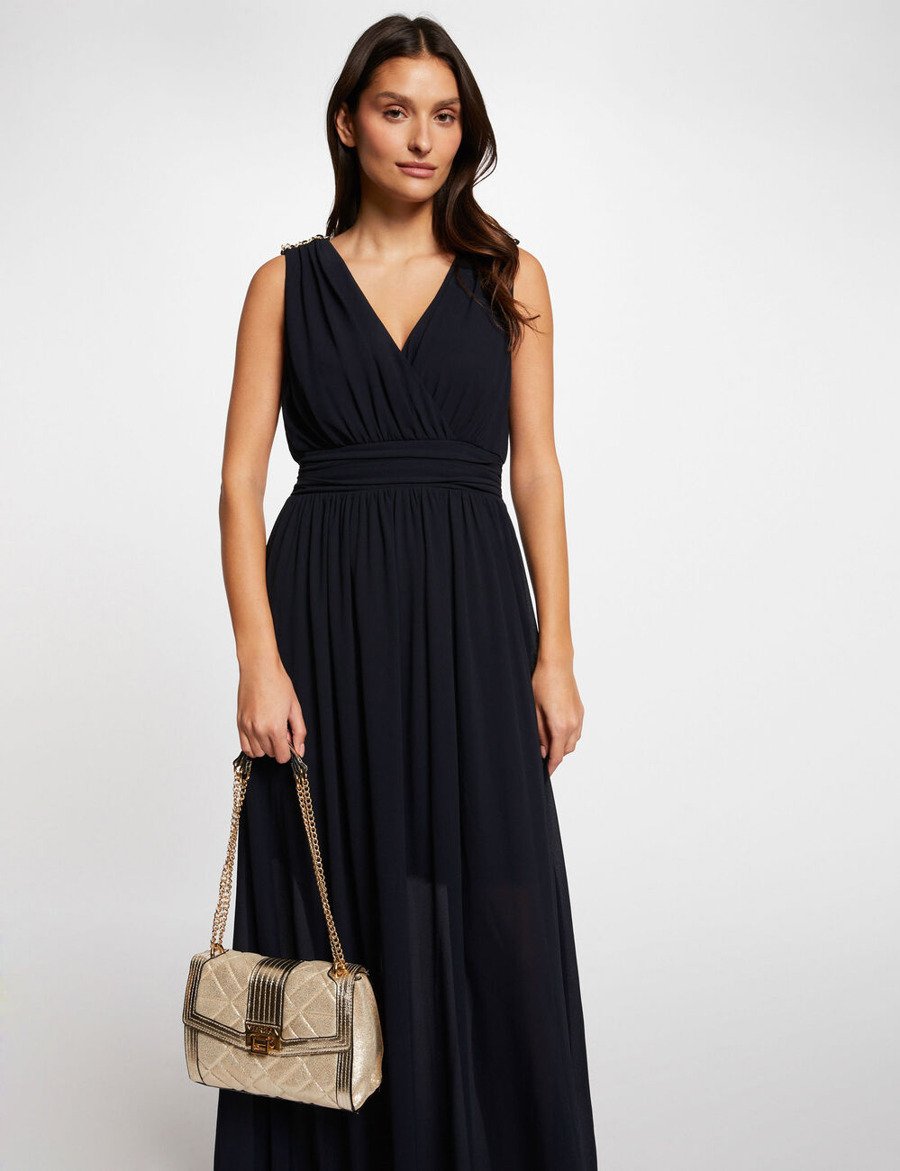 Robe longue cintrée dos en V marine femme
