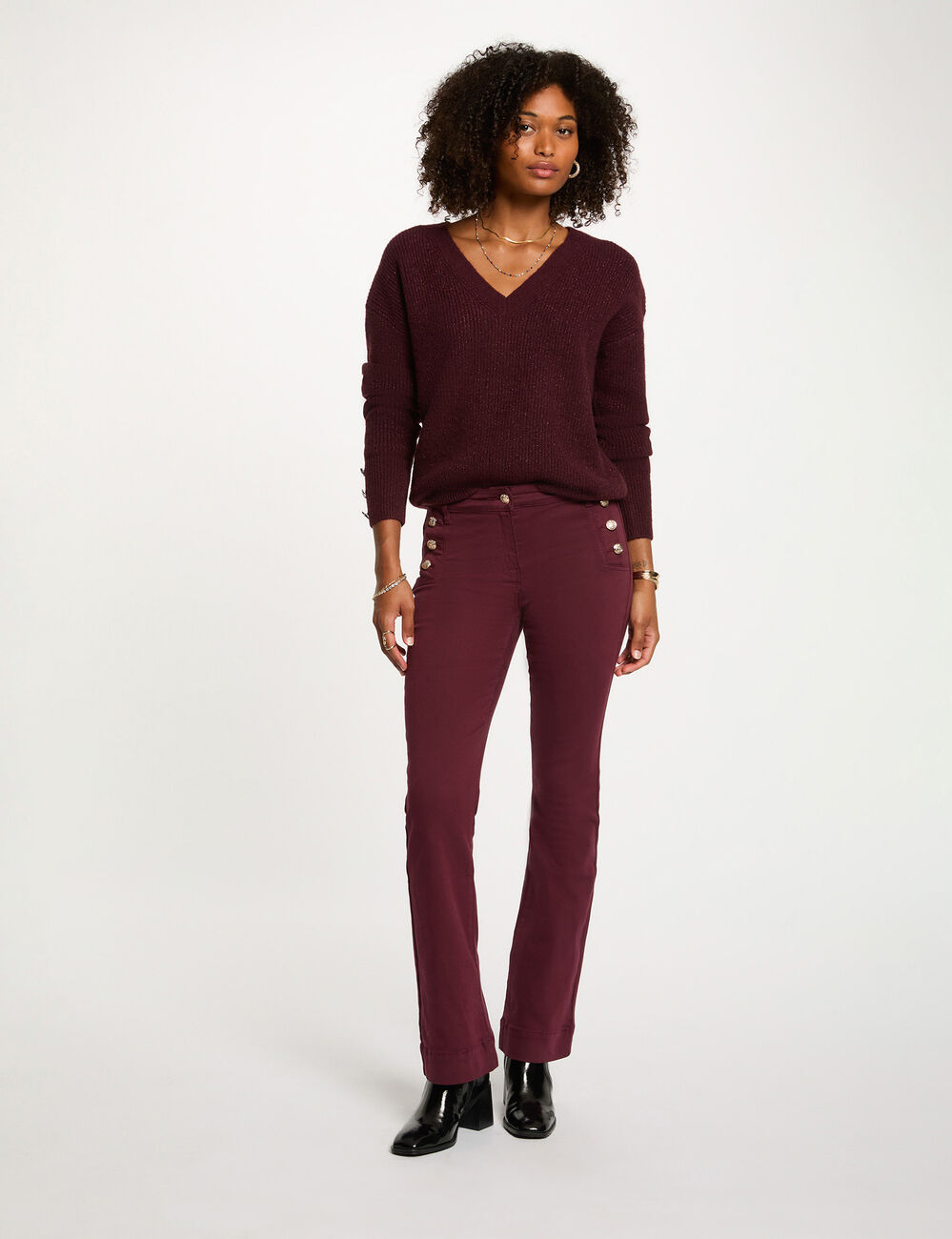 Pull col en V oversize prune femme