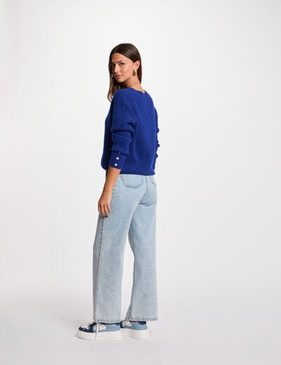 Pull col en V oversize bleu pétrole femme