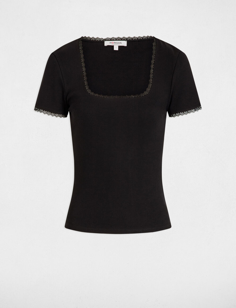 T-shirt korte geribbelde mouwen zwart vrouw