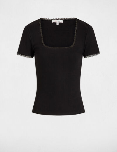 T-shirt korte geribbelde mouwen zwart vrouw