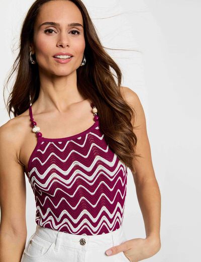 Top en maille imprim&eacute; prune femme