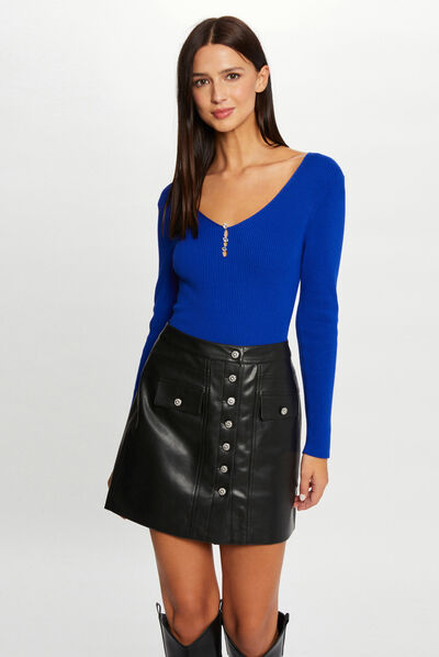 Pull manches longues col en V bleu electrique femme