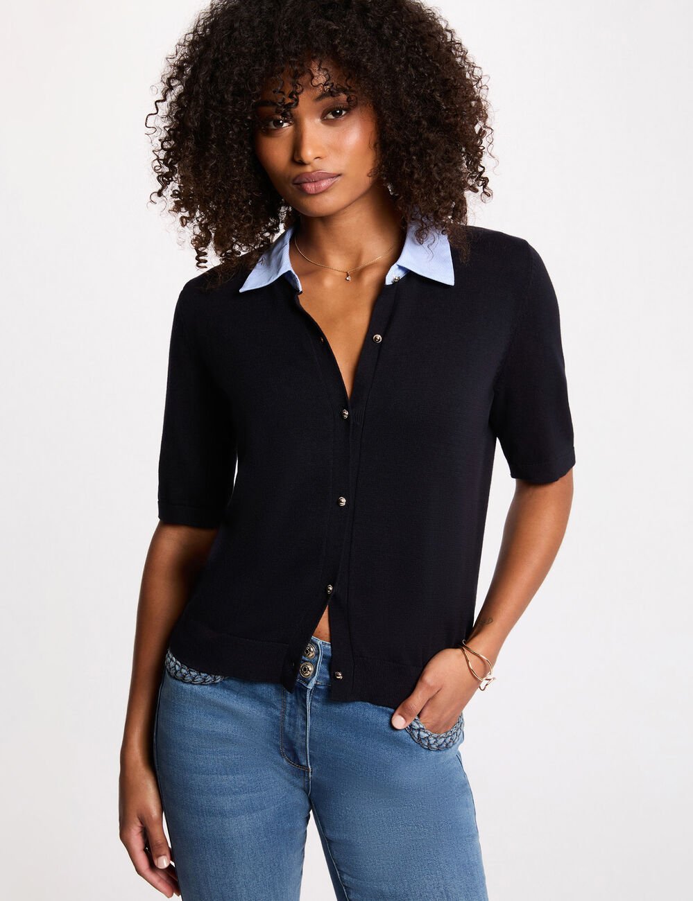 Pull col &agrave; revers bleu marine femme