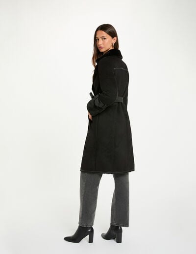 Trench ajusté fausse fourrure noir femme