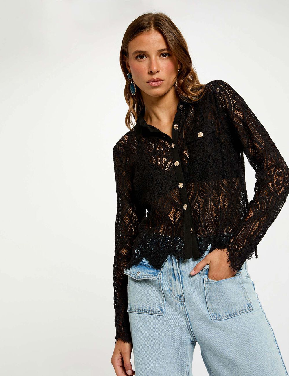 Korte kanten blouse zwart vrouw