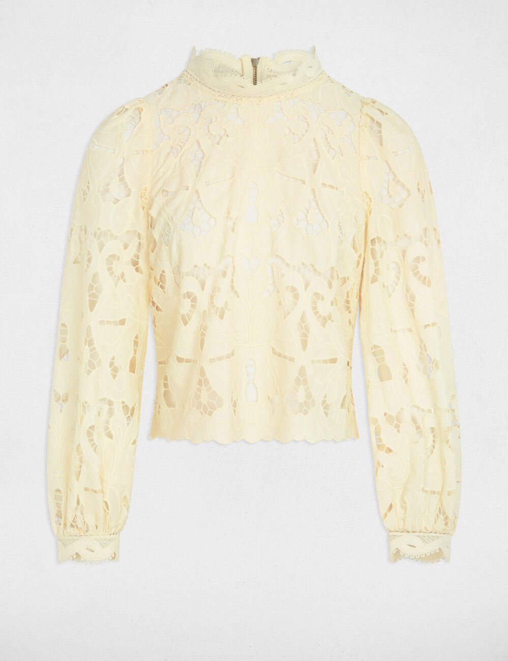 Blouse met borduursel en hoge kraag pastel geel vrouw