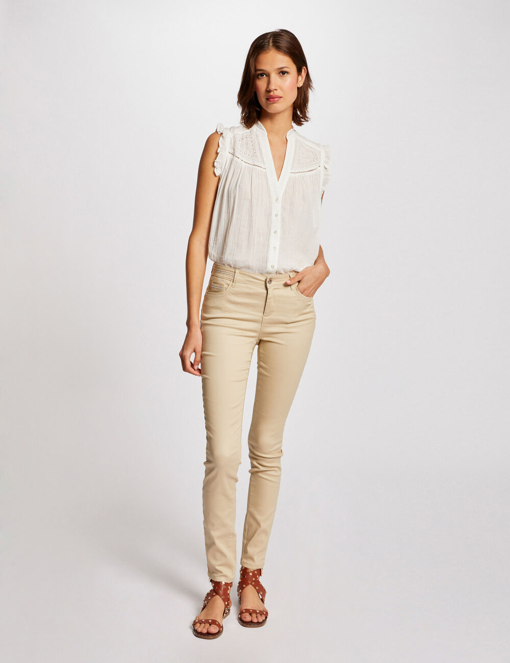 Pantalon slim enduit sable femme