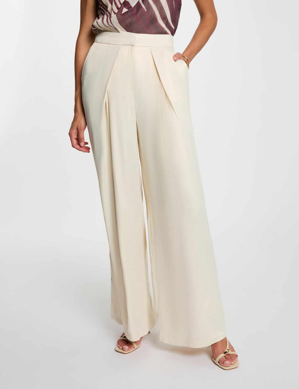Pantalon fluide taille haute ivoire femme