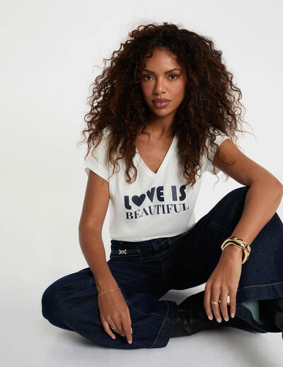 T-shirt met V-hals korte mouwen helder wit vrouw