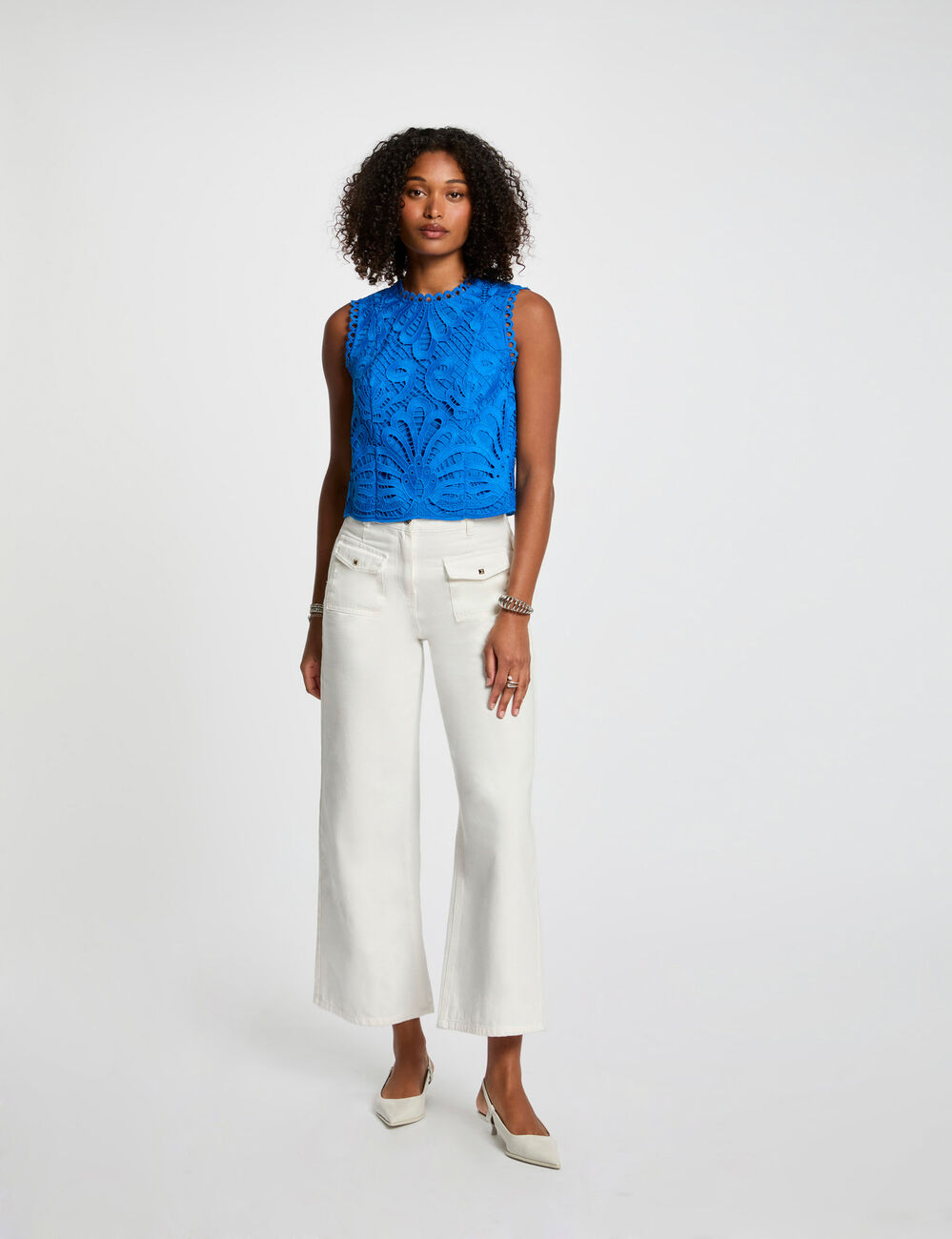 Mouwloze kanten top met print bleu electrique vrouw