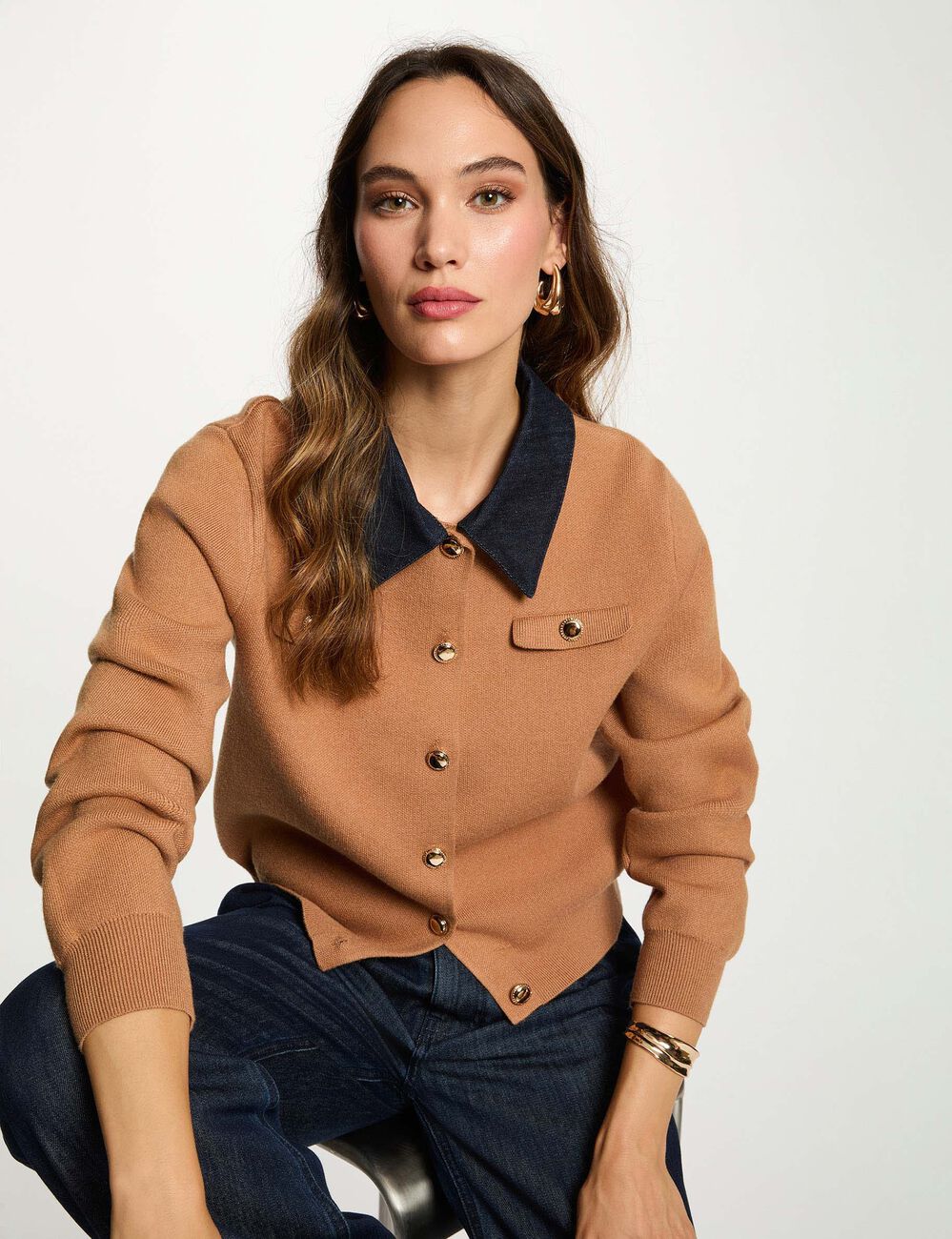 Kort vest met reverskraag beige vrouw