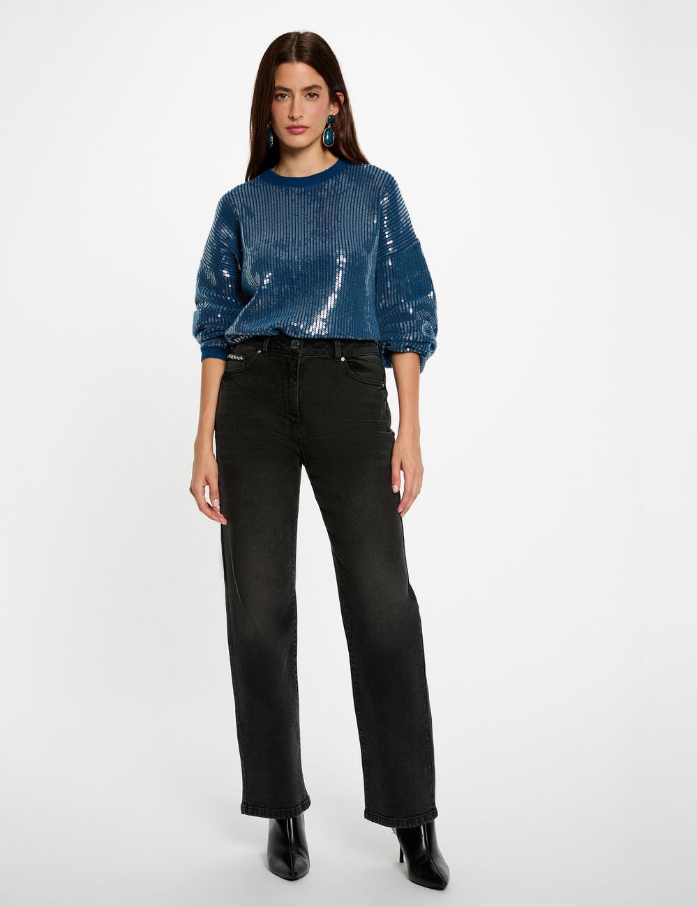 Pull sequins col rond bleu pétrole femme