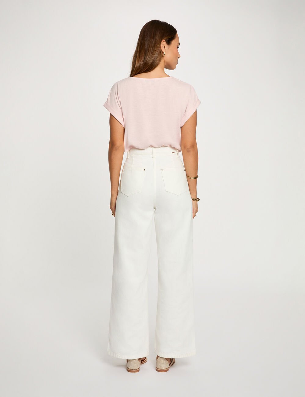 T-shirt col v manches courtes rose clair femme