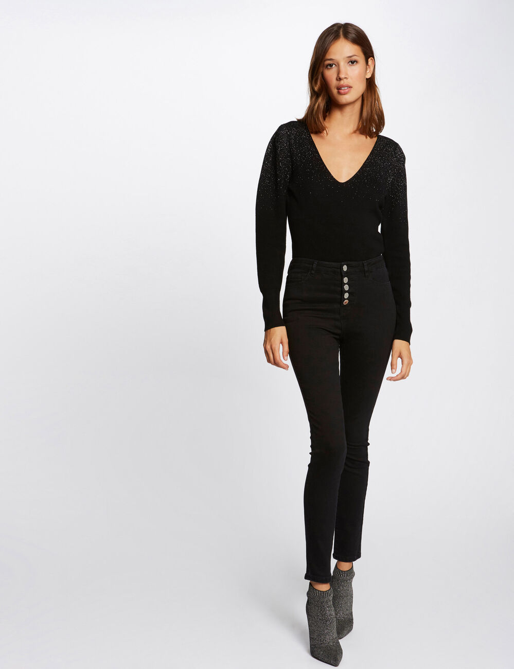 Jeans skinny taille standard boutonn&eacute; noir femme