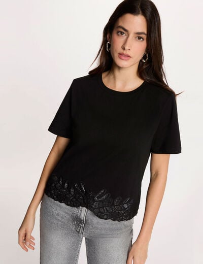 Geborduurd T-shirt met ronde hals zwart vrouw