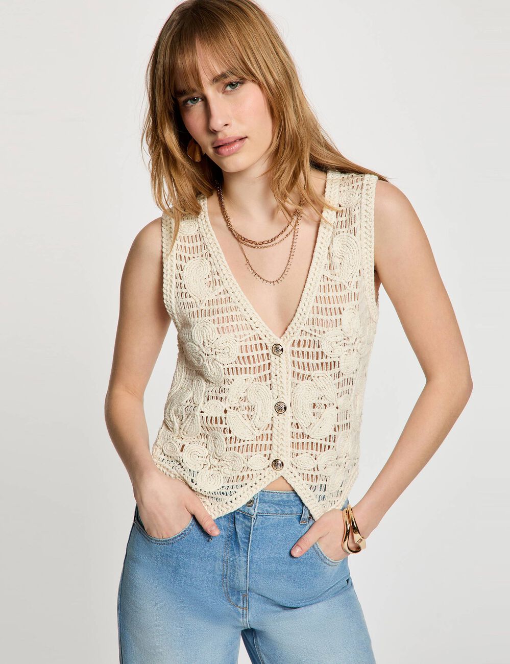 Mouwloos vest met V-hals ivoor vrouw