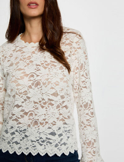 T-shirt dentelle manches longues blanc femme