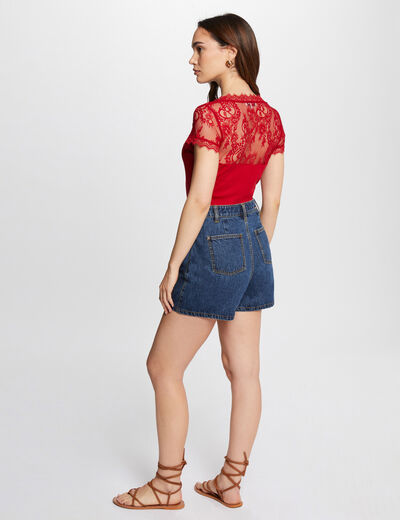 T-shirt met korte mouwen van kant rood vrouw