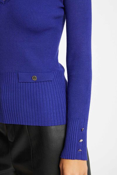 Geribbelde trui V-hals en lange mouwen blauw medium vrouw