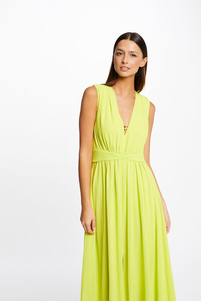 Robe longue évasée fendue anis femme