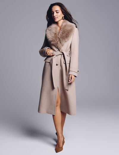 Manteau long ceinturé beige femme