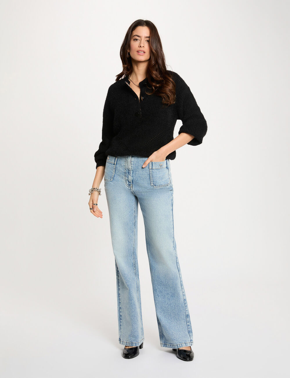 Pull droit col rond noir femme